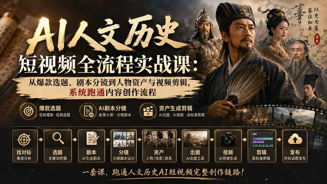 《AI人文历史短视频全流程实战,零基础跑通爆款内容生产线》-猴哥资源站
