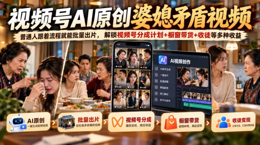 《AI批量做婆媳短剧,视频号分成+带货+收徒三重变现》-猴哥资源站