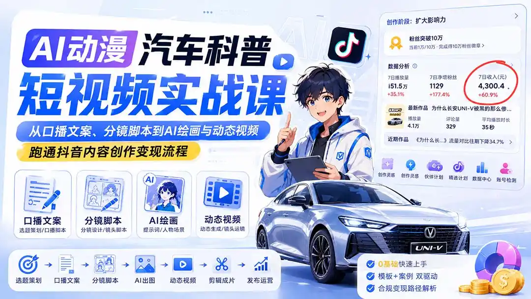 《AI动漫汽车科普短视频实战,零基础全流程批量出片》-猴哥资源站