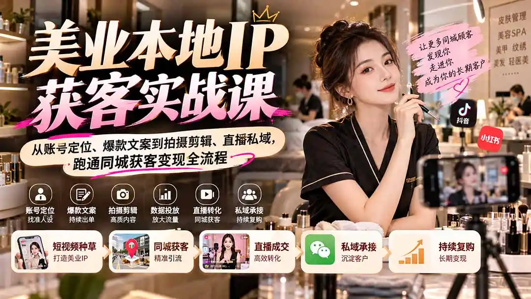 《美业IP同城获客实战:短视频种草到直播成交,60+节全链路拆解》-猴哥资源站