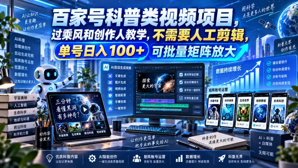 《百家号AI全自动科普视频,零剪辑单号日入100+矩阵放大》-猴哥资源站