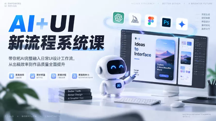 《AI+UI新流程系统课:28节带练8周,从图标到作品集全打通》-猴哥资源站