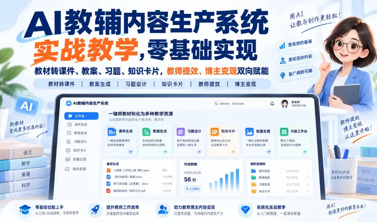 《AI教辅内容量产系统:教材一键转课件教案习题,教师提效博主变现》-猴哥资源站