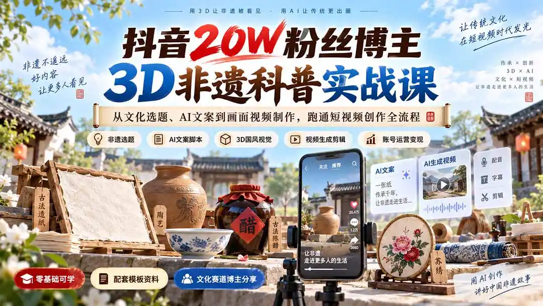 《AI赋能3D非遗科普短视频,零基础也能做出国风爆款》-猴哥资源站