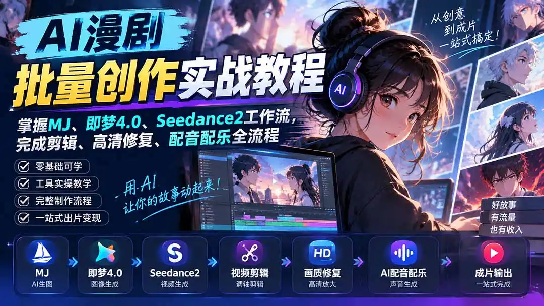 《AI漫剧全流程落地实操,零基础批量出片稳定变现攻略》-猴哥资源站