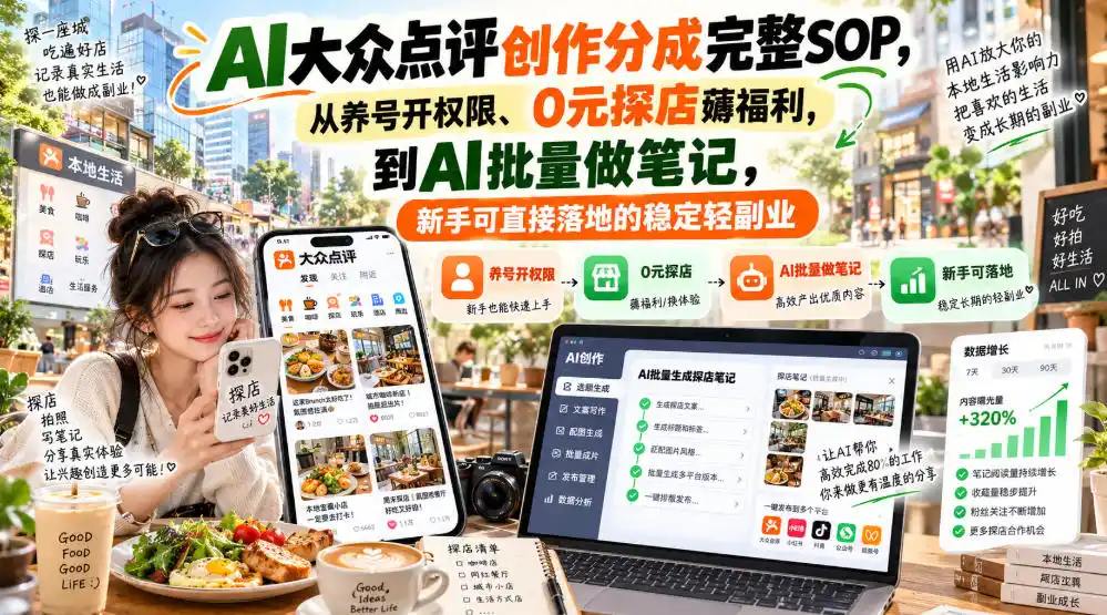 《AI大众点评创作分成,0元探店+批量笔记稳定变现》-猴哥资源站
