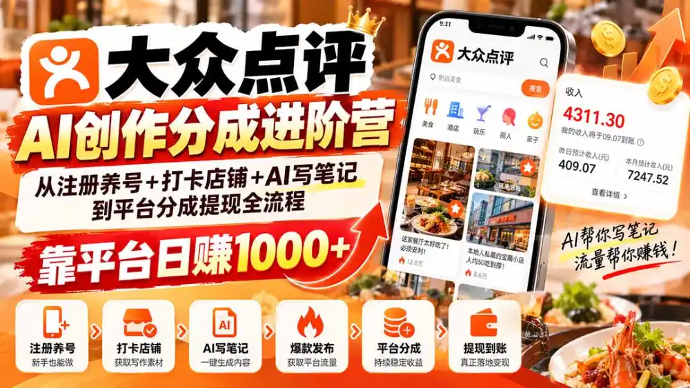 《AI写大众点评笔记,傻瓜式操作赚平台分成,多号放大蓝海玩法》-猴哥资源站