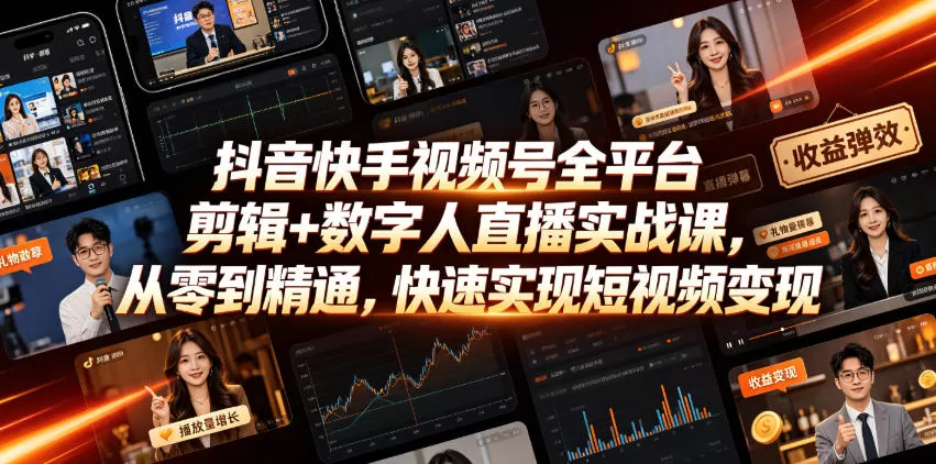 《全平台剪辑+数字人直播实战,零基础快速变现攻略》-猴哥资源站