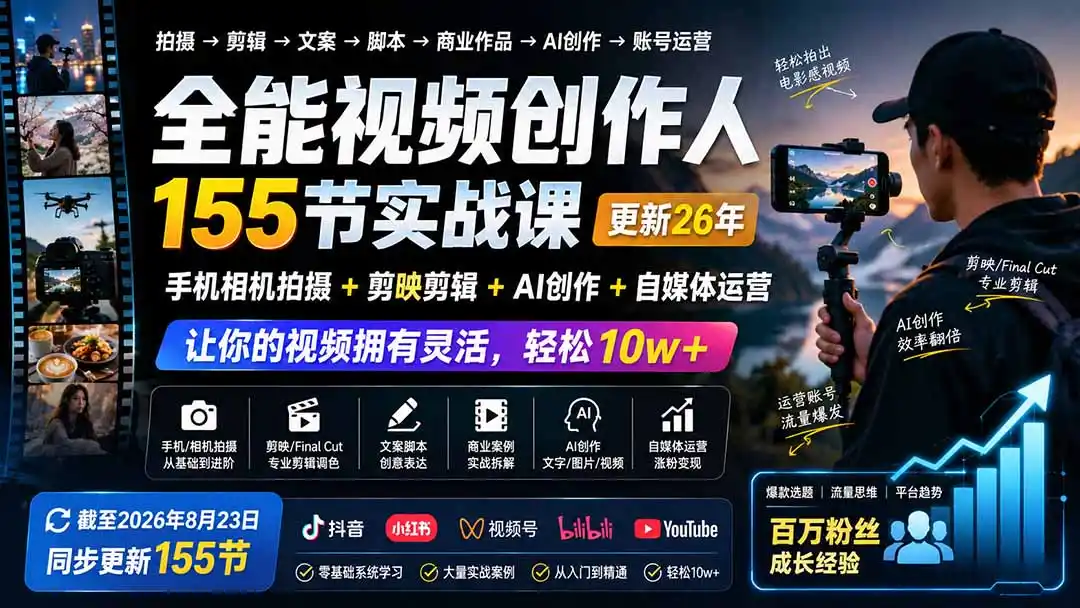 《零基础到全能视频创作人,155节实战课一站式打通拍摄剪辑变现全链路》-猴哥资源站