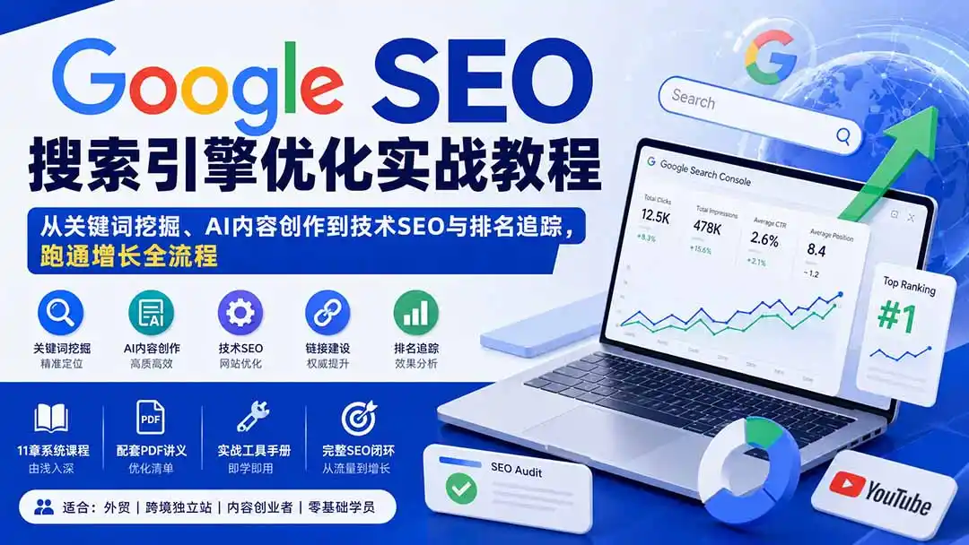 《谷歌SEO全体系实战,零基础跑通AI时代搜索增长闭环》-猴哥资源站