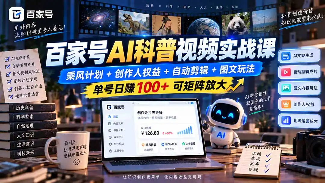 《AI全自动科普视频矩阵,单号日入100+零基础可复制》-猴哥资源站