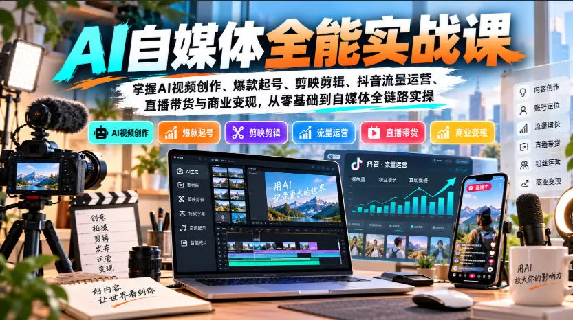 《AI自媒体153节实战:零基础玩转视频创作+直播带货变现》-猴哥资源站