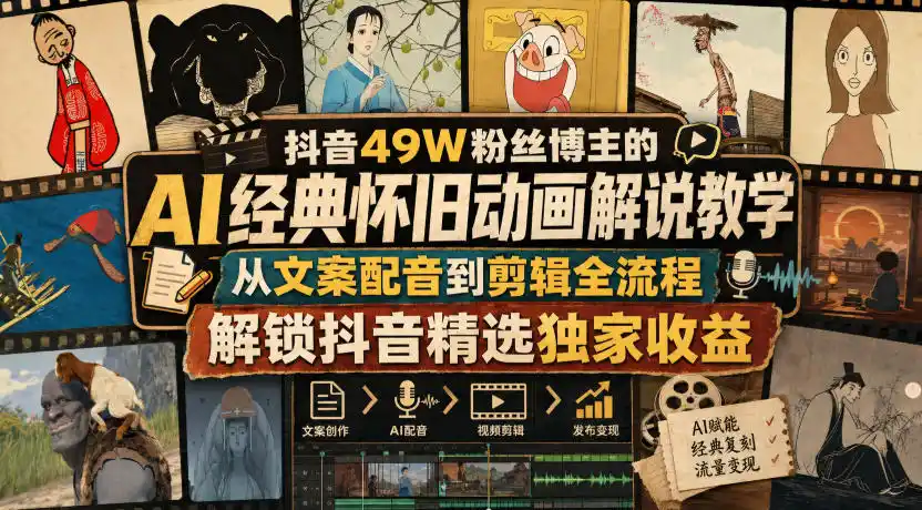《抖音49W粉博主亲授:AI怀旧动画解说全流程,零基础批量出爆款》-猴哥资源站