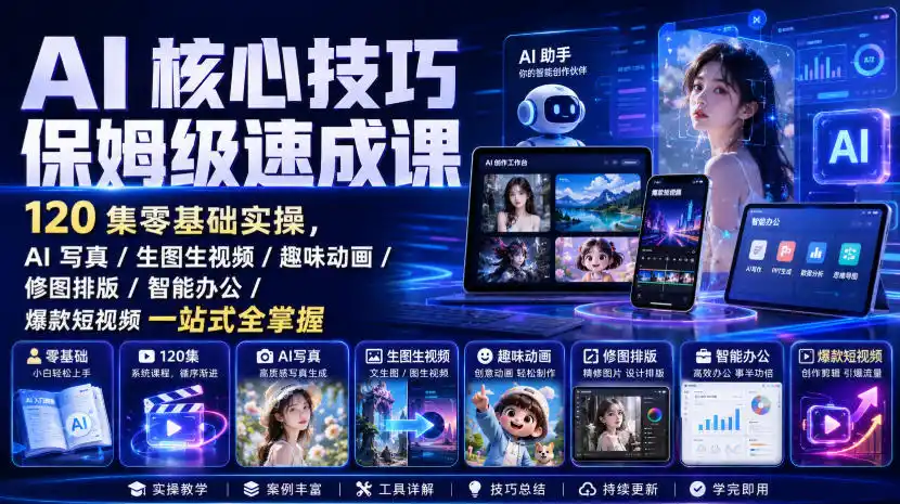 《AI保姆级实操120集,零基础玩转写真/视频/办公,3天入门全掌握》-猴哥资源站