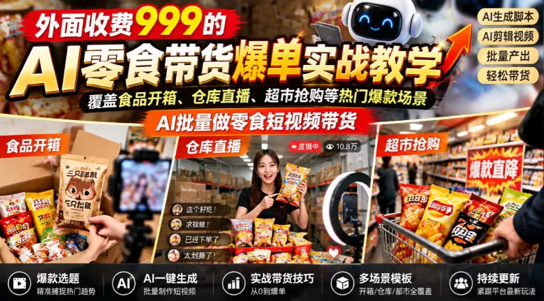 《AI零食带货全自动实战:零出镜批量出片,爆款场景直接复制》-猴哥资源站