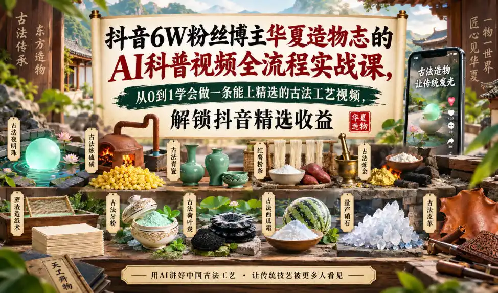 《AI复刻千年古法工艺,零基础做国风科普视频解锁抖音精选收益》-猴哥资源站