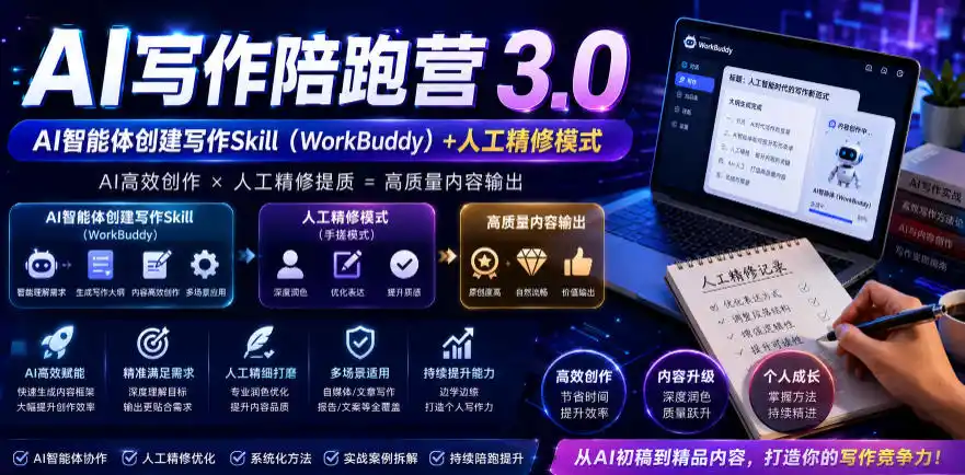 《AI写作去痕全攻略:WorkBuddy智能体+手搓模式,日更爆文稳变现》-猴哥资源站