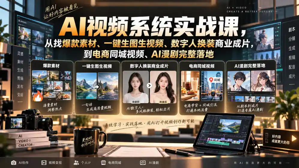 《AI视频从0到1全套实战,零基础批量出片电商数字人漫剧多赛道变现》-猴哥资源站