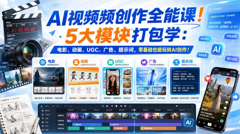 《AI视频创作全能实战体系,零基础玩转电影动画广告,五大模块一网打尽》-猴哥资源站