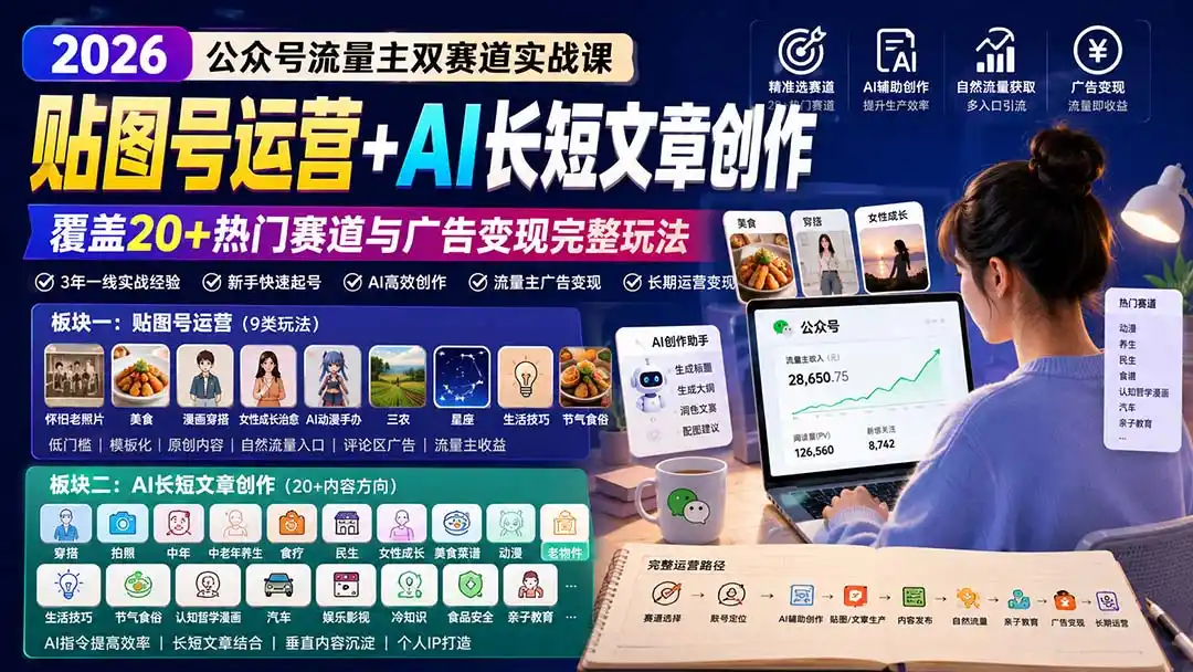 《公众号流量主双赛道变现全攻略,贴图+AI文章零基础轻松起号赚钱》-猴哥资源站