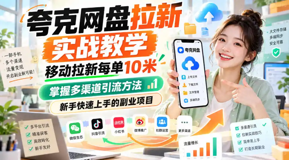 《网盘拉新实战教学,移动渠道每单10米,新手快速上手副业》-猴哥资源站