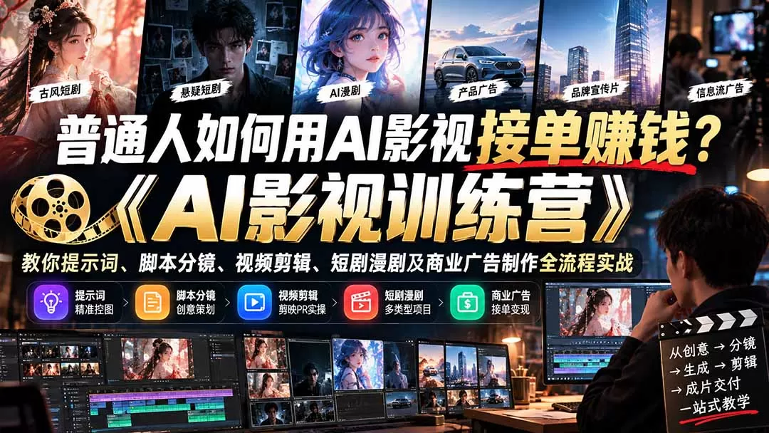 普通人如何用AI影视接单赚钱?《AI影视训练营》教你提示词、脚本分镜、视频剪辑、短剧漫剧及商业广告制作全流程实战-猴哥资源站