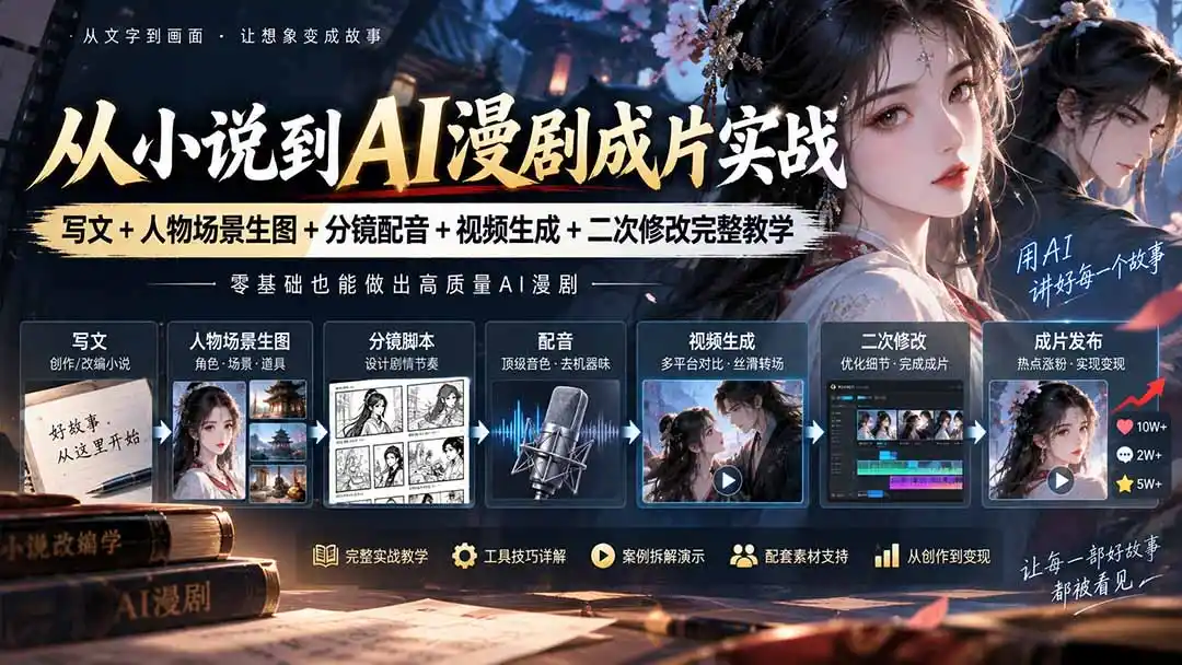 《AI漫剧全流程实战:小说改编+批量生产,零基础也能快速出片》-猴哥资源站