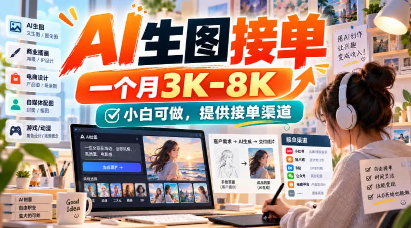 《AI生图接单实操:零基础一张图30-80,月入3000-8000》-猴哥资源站