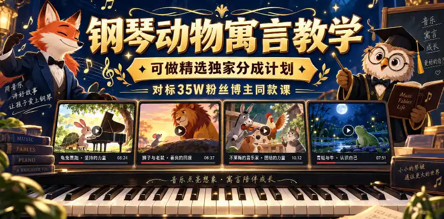《钢琴动物寓言课,精选独家分成计划,对标35万粉博主轻松变现》-猴哥资源站