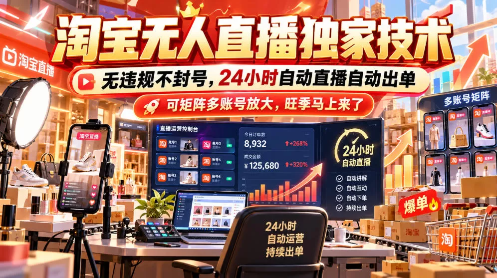 《淘宝无人直播全自动挂机,24小时自动出单单日1k+矩阵放大》-猴哥资源站