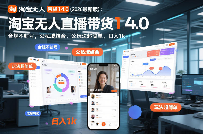 淘宝无人直播带货14.0(2026最新版)：合规不封号，公私域结合，玩法超简单，日入1k+【揭秘】