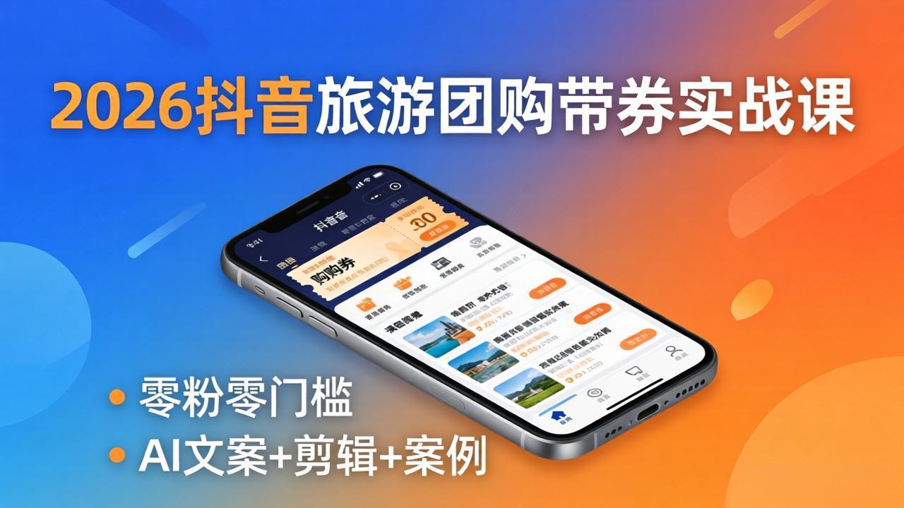 2026抖音旅游团购带券实战课：零粉零门槛，AI文案+剪辑+案例，躺着赚门票佣金